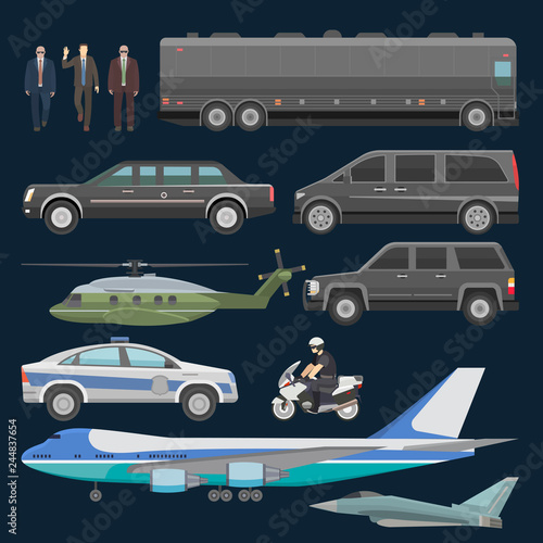 Government car vector presidential auto plane and luxury business transportation with police car illustration set of transport bus vehicle and motorcycle with president isolated on background