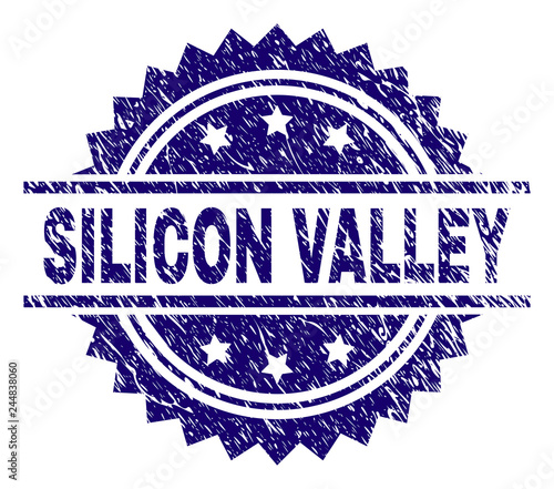 SILICON VALLEY stamp seal watermark with distress style. Blue vector rubber print of SILICON VALLEY label with retro texture.