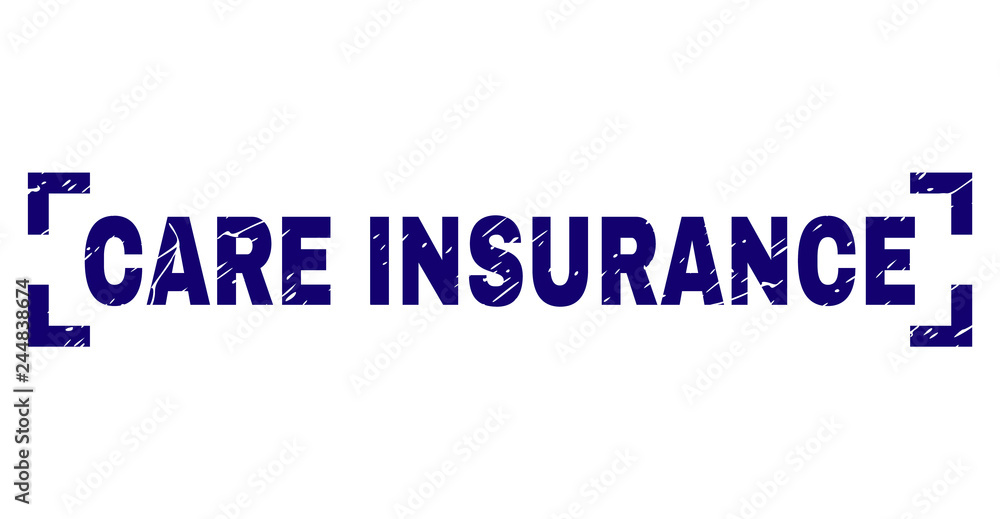 CARE INSURANCE title seal watermark with grunge texture. Text title is placed between corners. Blue vector rubber print of CARE INSURANCE with grunge texture.