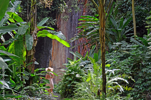 A peaceful scene looking through tropical jungle foliage to a distant, sunlit woman in a straw sun hat standing in front of the glistening colorful wall of St. Lucia's Diamond Waterfalls.