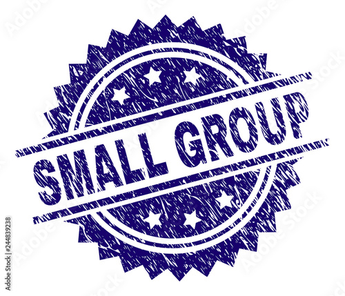 SMALL GROUP stamp seal watermark with distress style. Blue vector rubber print of SMALL GROUP label with retro texture.