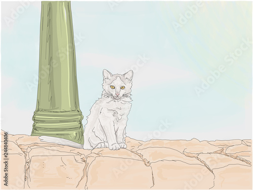 Hand drawn illustration. Adorable stray kitten sitting and posing on a stone wall with a street lamp behind. 