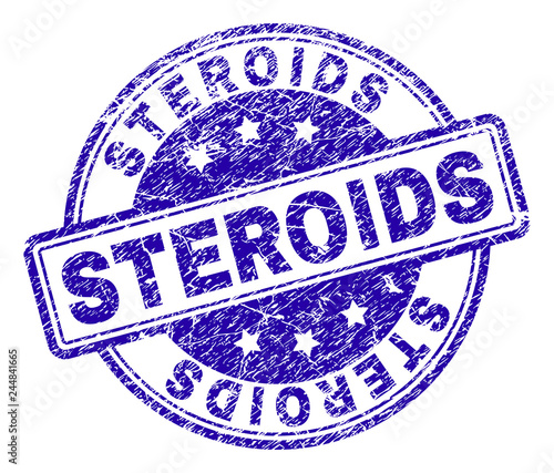 STEROIDS stamp seal watermark with distress texture. Designed with rounded rectangles and circles. Blue vector rubber print of STEROIDS tag with scratched texture.