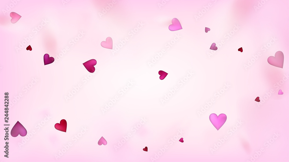 Red, Pink Hearts Vector Confetti. Valentines Day Tender Pattern. Trendy Gift, Birthday Card, Poster Background Valentines Day Decoration with Falling Down Hearts Confetti. Beautiful Pink Sparkles