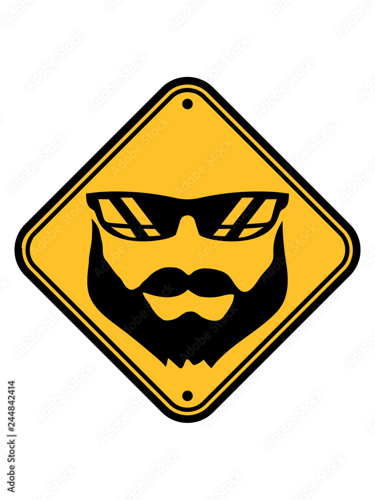 Obraz premium schild vorsicht achtung hinweis gefahr zone sonnenbrille vollbart bärtig haare kopf gesicht mann herr bart cool clipart design gentlemen