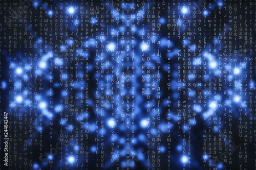Wallpaper Mural Matrix on blue digital background. Characters fall down. Stream of symbols. Shiny virtual reality with copy space. Sparkle backdrop. Complex algorithm. Falling letters and numbers. Hacking computer. Torontodigital.ca