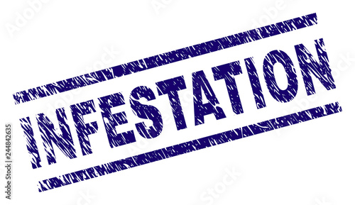 INFESTATION seal watermark with grunge style. Blue vector rubber print of INFESTATION text with grunge texture. Text caption is placed between parallel lines.