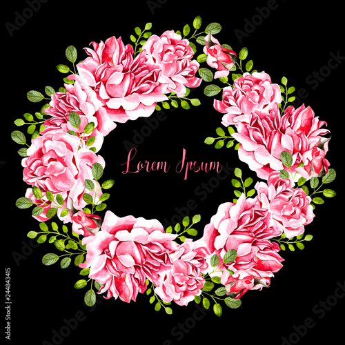 Watercolor tropical wreath with peony flowers and roses, eucalyptus leaves. I...