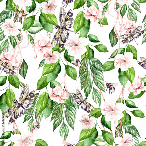 Watercolor tropical pattern with hibiscus flowers and green leaves. Bee and d...