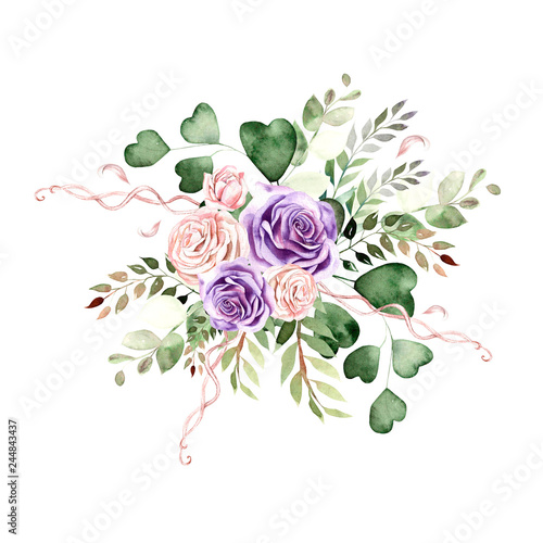 Watercolor bouquet with roses flowers and eucalyptus leaves.