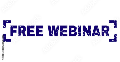 FREE WEBINAR text seal print with distress texture. Text tag is placed inside corners. Blue vector rubber print of FREE WEBINAR with unclean texture.