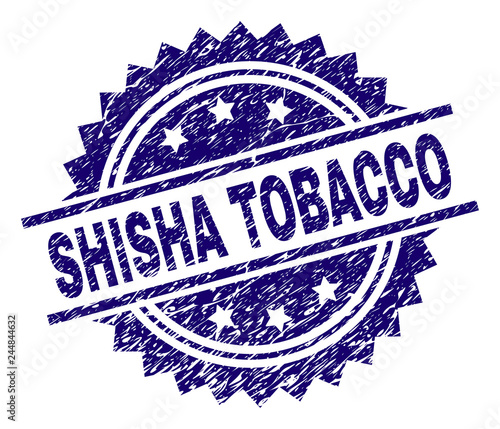 SHISHA TOBACCO stamp seal watermark with distress style. Blue vector rubber print of SHISHA TOBACCO caption with dust texture.