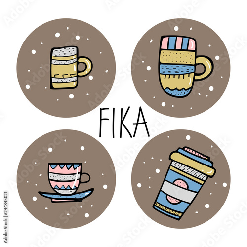 Fika concept. Lettering with coffee mugs.