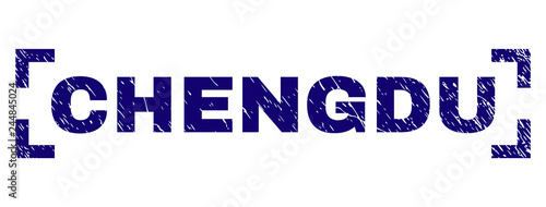 CHENGDU label seal print with corroded texture. Text title is placed inside corners. Blue vector rubber print of CHENGDU with unclean texture.
