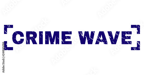 CRIME WAVE label seal print with grunge style. Text title is placed between corners. Blue vector rubber print of CRIME WAVE with grunge texture.