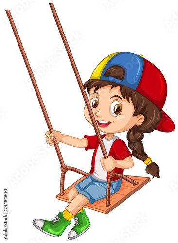 A girl character sitting on wooden swing