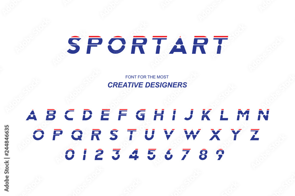 Sport original bold font alphabet letters and numbers for creative design template for logo. Flat illustration EPS10
