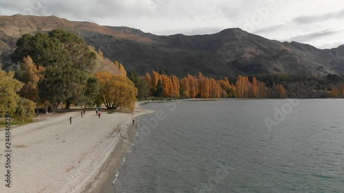 Aerial Drone view of the shore and Lake Wanaka, New Zealand in autumn photo