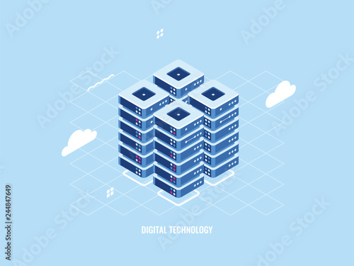 Isometric icon of server room rack, cloud storage technology, data center and database, data processing system, smart security, flat vector