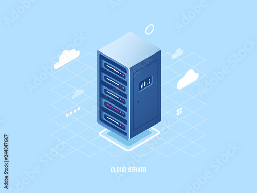Icon of cloud storage technology, flat isometric server room rack, blockchain security concept, web hosting internet vector illustration blue