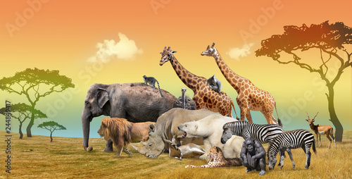 Picturesque landscape of savanna and wild animals group