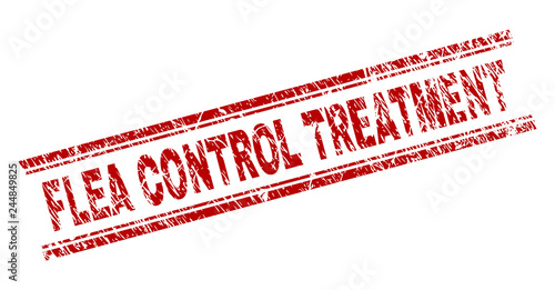 FLEA CONTROL TREATMENT seal stamp with distress texture. Red vector rubber print of FLEA CONTROL TREATMENT title with grunge texture. Text title is placed between double parallel lines.
