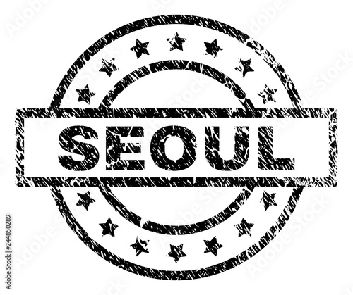 SEOUL stamp seal watermark with distress style. Designed with rectangle, circles and stars. Black vector rubber print of SEOUL text with dust texture.