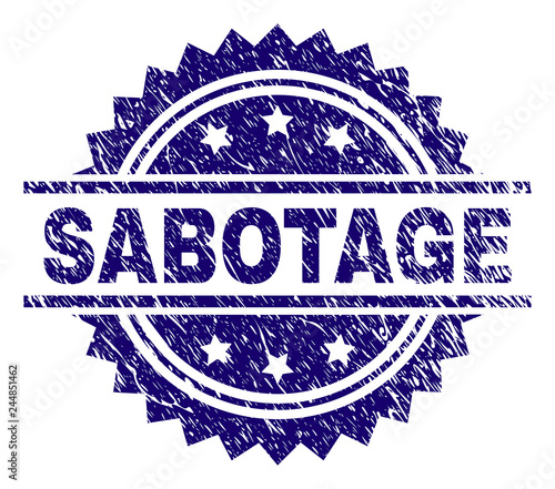 SABOTAGE stamp seal watermark with distress style. Blue vector rubber print of SABOTAGE text with unclean texture.