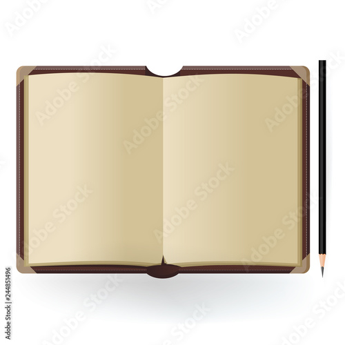 Top view open notepad brown paper and pencil, Blank notebook mockup isolated on white background.Vector eps 10.