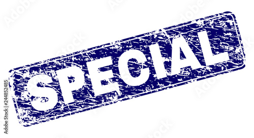 SPECIAL stamp seal print with distress texture. Seal shape is a rounded rectangle with frame. Blue vector rubber print of SPECIAL tag with dirty texture.