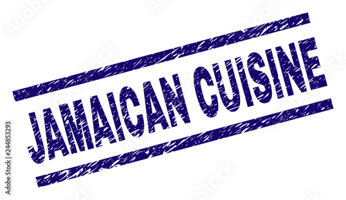 JAMAICAN CUISINE seal print with distress style. Blue vector rubber print of JAMAICAN CUISINE text with unclean texture. Text label is placed between parallel lines.