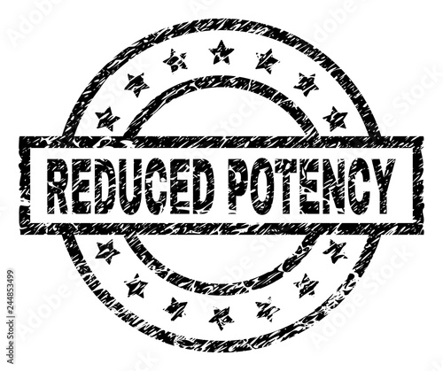 REDUCED POTENCY stamp seal watermark with distress style. Designed with rectangle, circles and stars. Black vector rubber print of REDUCED POTENCY label with dirty texture.