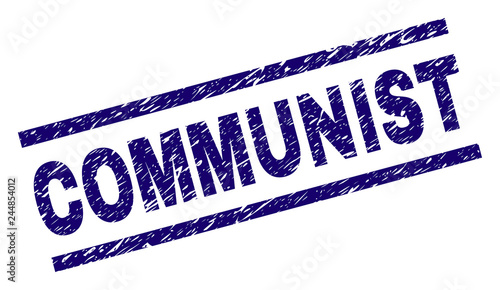 COMMUNIST seal stamp with distress style. Blue vector rubber print of COMMUNIST text with retro texture. Text caption is placed between parallel lines.