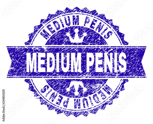 MEDIUM PENIS rosette stamp watermark with distress style. Designed with round rosette, ribbon and small crowns. Blue vector rubber print of MEDIUM PENIS text with grunge style.