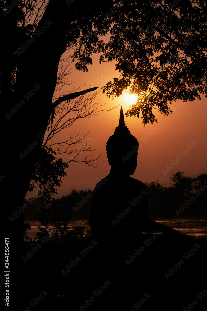 silhouette of Buddha statue under tree on river bank during sunrise