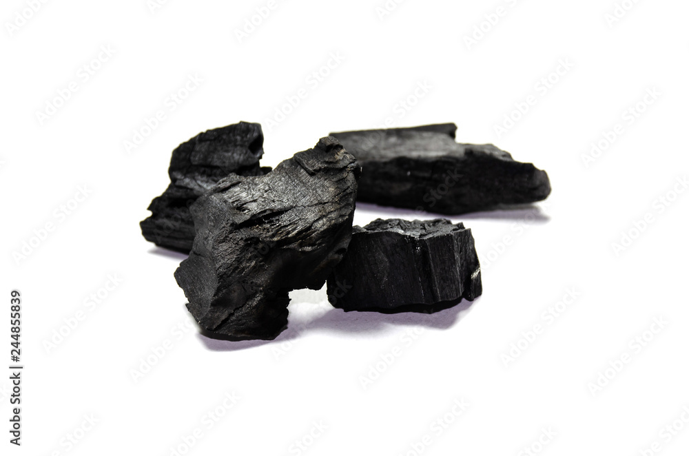 Fototapeta premium Hardwood charcoal isolated on white background, The collection of natural charcoal