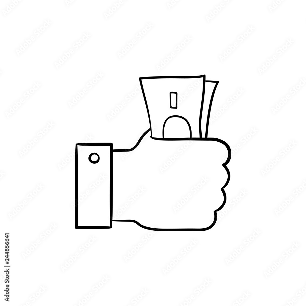 Hand holding banknotes hand drawn outline doodle icon. Spending money, paying cash, e-commerce concept. Vector sketch illustration for print, web, mobile and infographics on white background. Hand holding banknotes hand drawn outline doodle icon. Spending money, paying cash, e-commerce concept. Vector sketch illustration for print, web, mobile and infographics on white background.