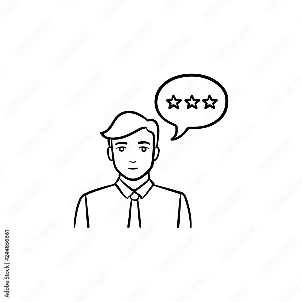 User with speech bubble hand drawn outline doodle icon. Communication, customer, businessman talking concept. Vector sketch illustration for print, web, mobile and infographics on white background. User with speech bubble hand drawn outline doodle icon. Communication, customer, businessman talking concept. Vector sketch illustration for print, web, mobile and infographics on white background.