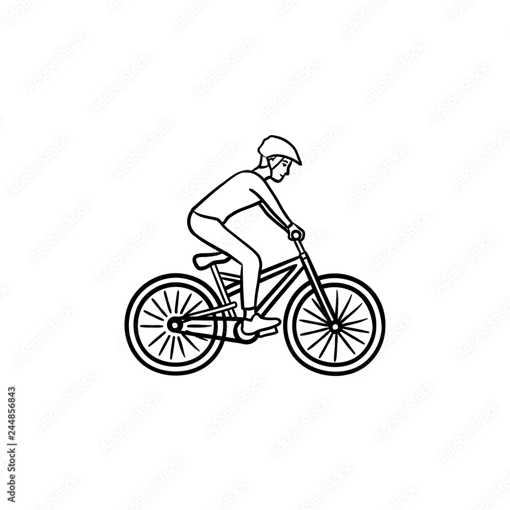 Fototapeta premium Mountain biker hand drawn outline doodle icon. Cycling competition, summer sport, cross country racing concept. Vector sketch illustration for print, web, mobile and infographics on white background.