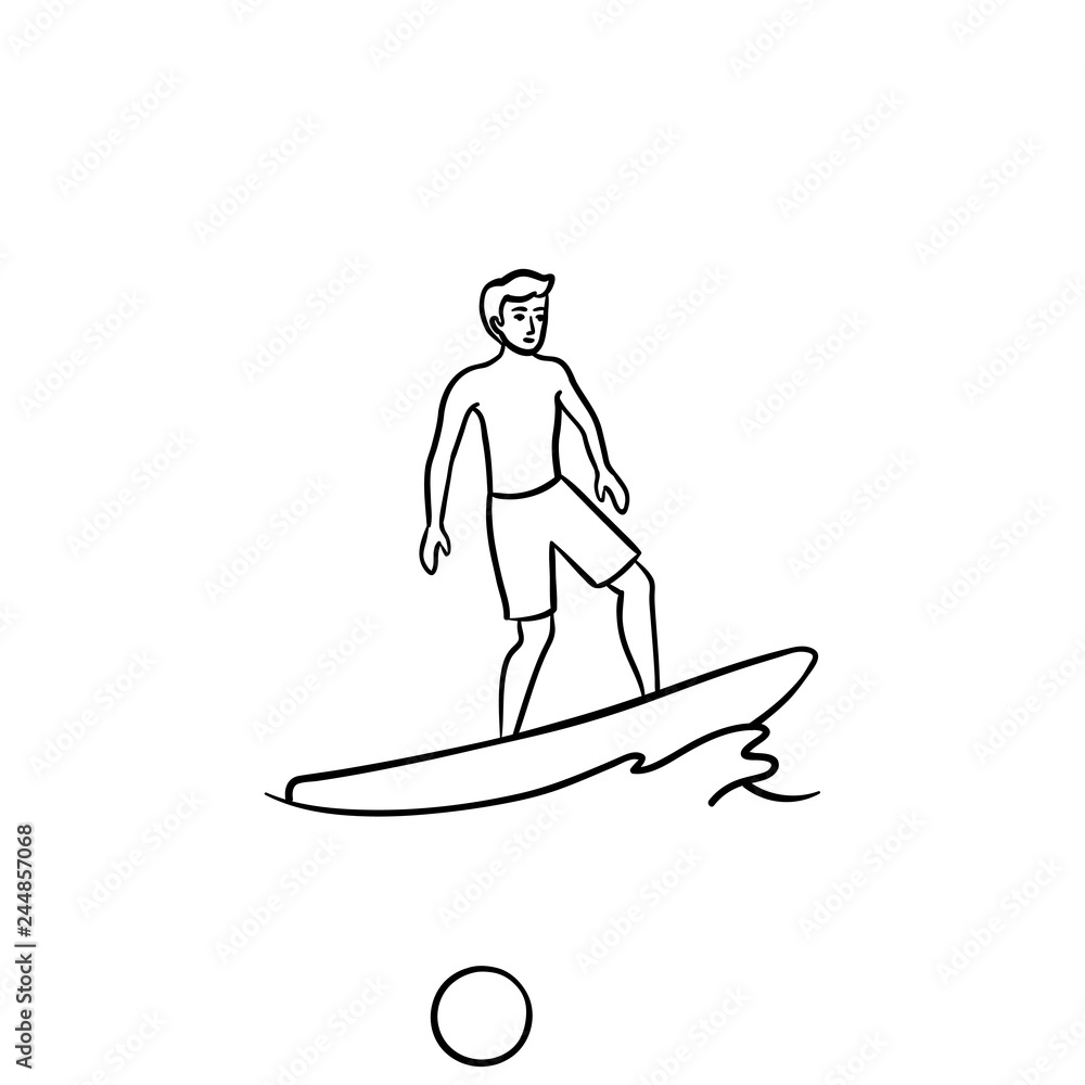 Male surfer on board hand drawn outline doodle icon. Beach holidays, surf board, extreme sport concept. Vector sketch illustration for print, web, mobile and infographics on white background. Male surfer on board hand drawn outline doodle icon. Beach holidays, surf board, extreme sport concept. Vector sketch illustration for print, web, mobile and infographics on white background.
