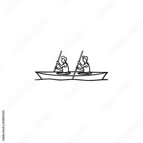Two sportsmen rowing in canoe hand drawn outline doodle icon. Water sport, boating, kayaking concept. Vector sketch illustration for print, web, mobile and infographics on white background.
