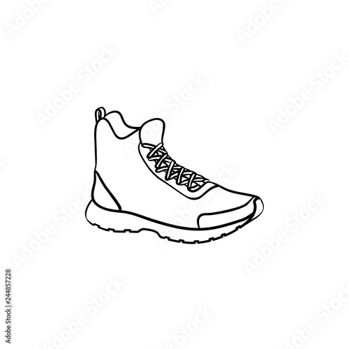 Hiking boot hand drawn outline doodle icon. Sports, casual footwear, hill walking comfortable shoes concept. Vector sketch illustration for print, web, mobile and infographics on white background.