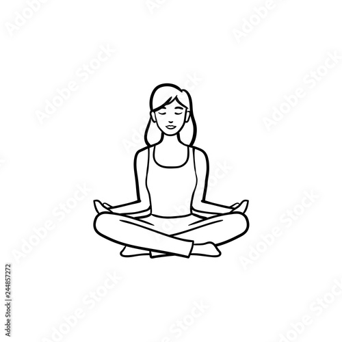 Woman sitting in yoga lotus pose hand drawn outline doodle icon