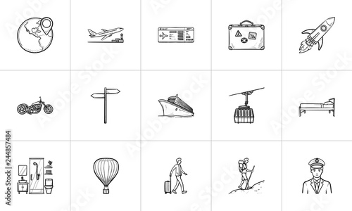 Travel and transport hand drawn outline doodle icon set. Outline doodle icon set for print, web, mobile and infographics. Tourism vector sketch illustration set isolated on white background.