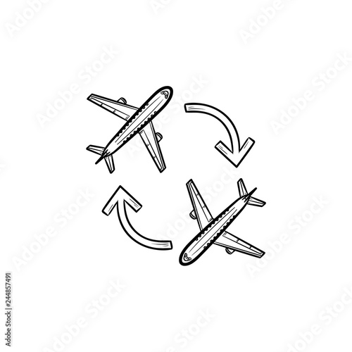 Round trip planes and arrows hand drawn outline doodle icon