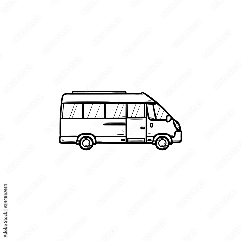 Minibus hand drawn outline doodle icon. Passenger bus and transportation, delivery van, tourism concept. Vector sketch illustration for print, web, mobile and infographics on white background.