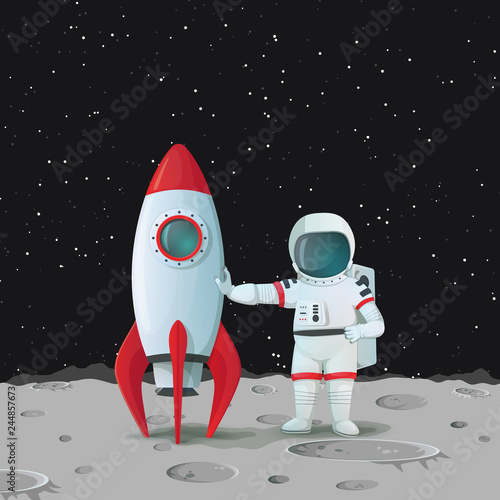 Astronaut on the surface of the moon standing near the rocketship and touching it with one hand and with other hand akimbo with dark sky and stars in the background.