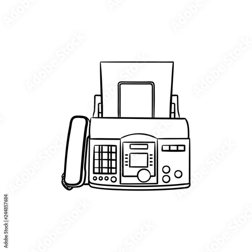 Fax machine with a sheet of paper hand drawn outline doodle icon. Business communication technology concept. Vector sketch illustration for print, web, mobile and infographics on white background.