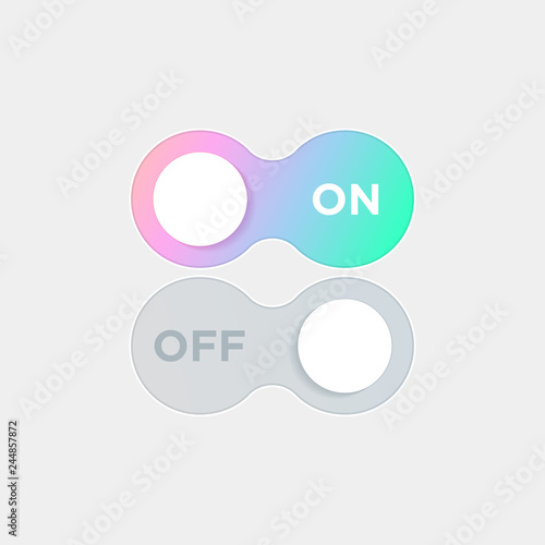 On Off Switch. Vector Switcher for Phone Screens. Toggle Element for Mobile App, Web Design, Animation. Gradient Button for Website. Material Design. Flat Style.