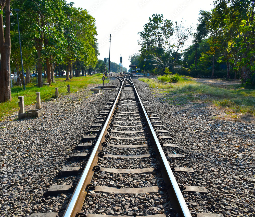 Old railroad tracks, Steel railway for trains in a rural scene
